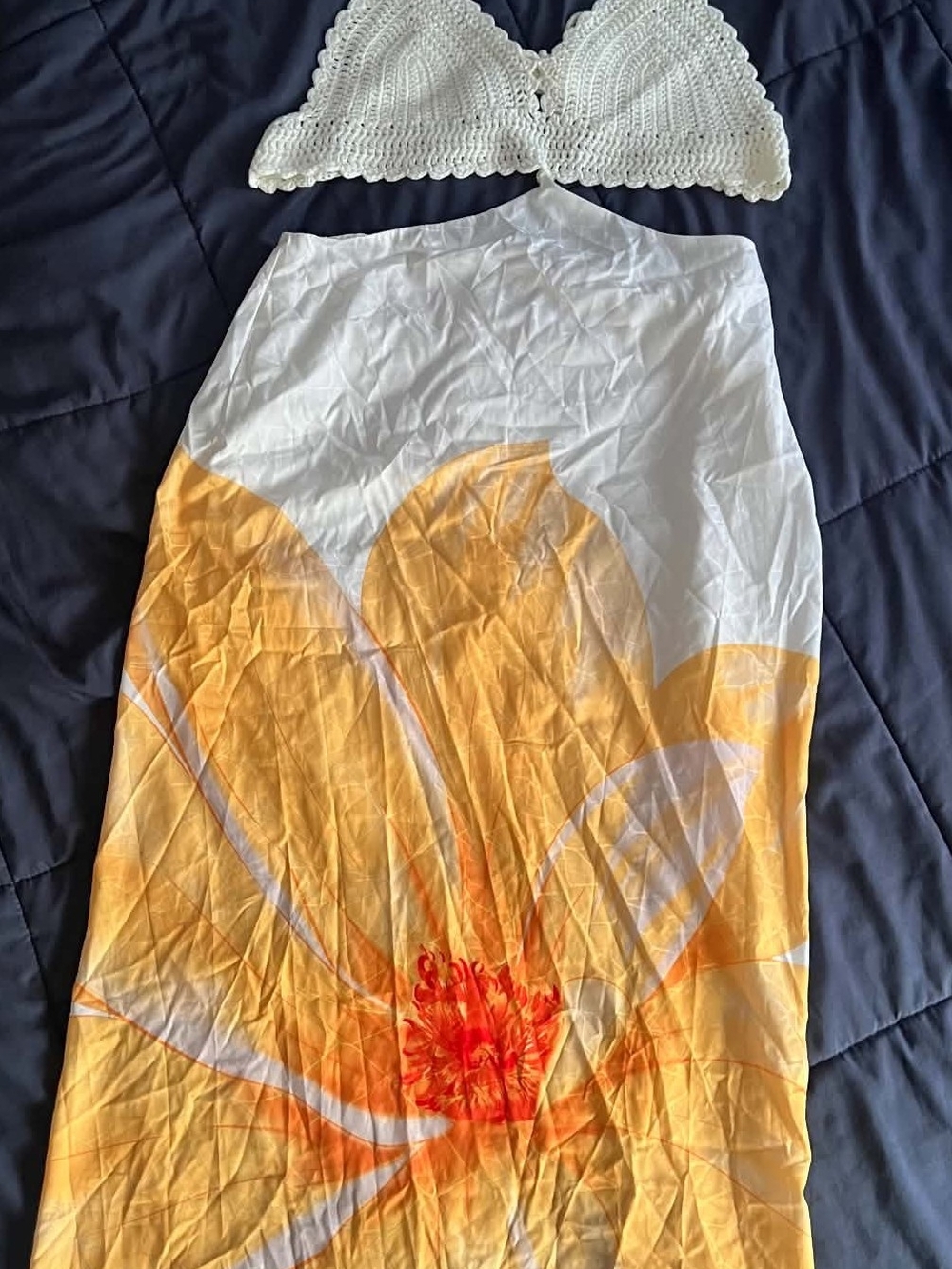 Women's White and Yellow Floral Maxi Skirt And Crochet Top